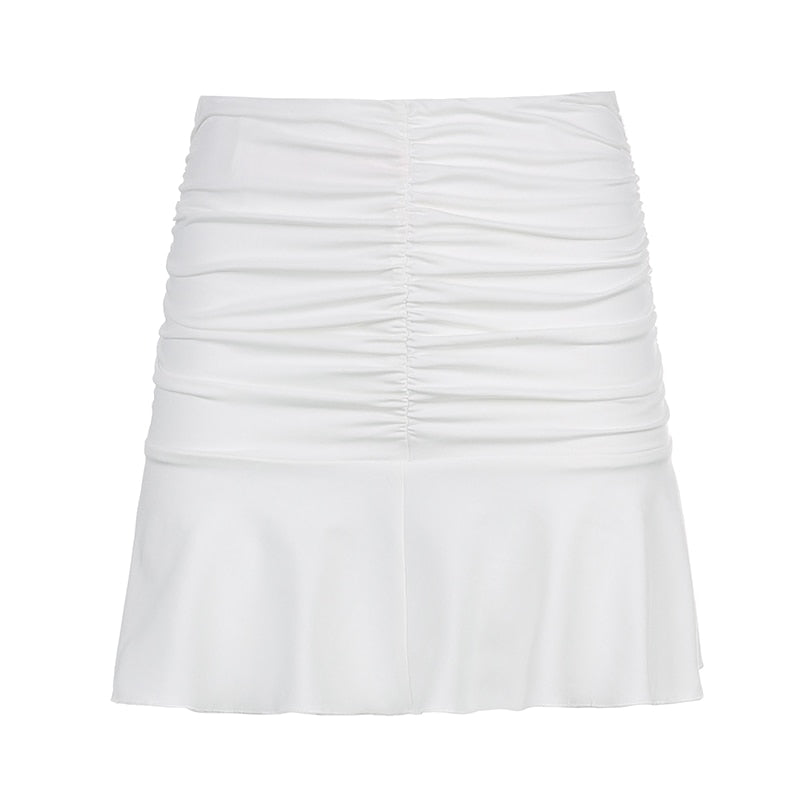 Sweetown Preppy Style Ruched Pleated Skirts Woman High Waist Casual 90s Mini Skirt Lady Trendy 2020 Summer Beachwear White