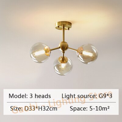 Candelabro LED de cobre moderno, iluminación de cristal para comedor, dormitorio, bola de cristal de coñac, restaurante, lámpara colgante nórdica para sala de estar