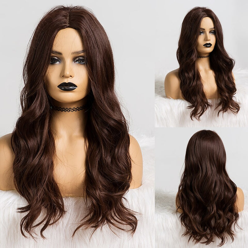 GEMMA Long Wavy Natural Middle Part Synthetic Wig Women Fake Hair Heat Resistant Black Brown Blonde Red Highlight Cosplay Wigs