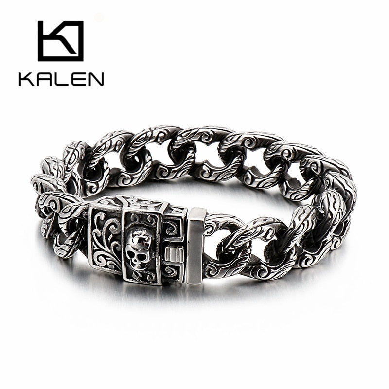 KALEN Punk Skull Charm Bracelet Men 21.5cm Stainless Steel Cuban Chain Armband Male Jewellry Accessories 2020