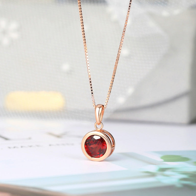 LAMOON 925 Silver Necklace For Women Natural Garnet Lucky Stone Pendant 14K Rose Gold Plated Fine Jewelry Simple Style LMNI002