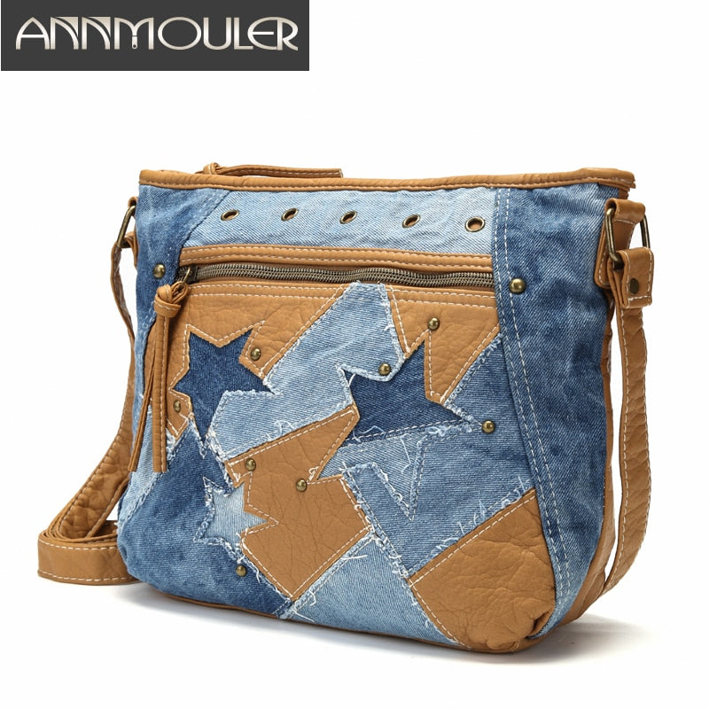 Fashion Women Bags Luxury Handbag Designer Jeans Shoulder Bag Star Patchwork Jeans Bag Soft Washed Leather Crossbody Bag Purse