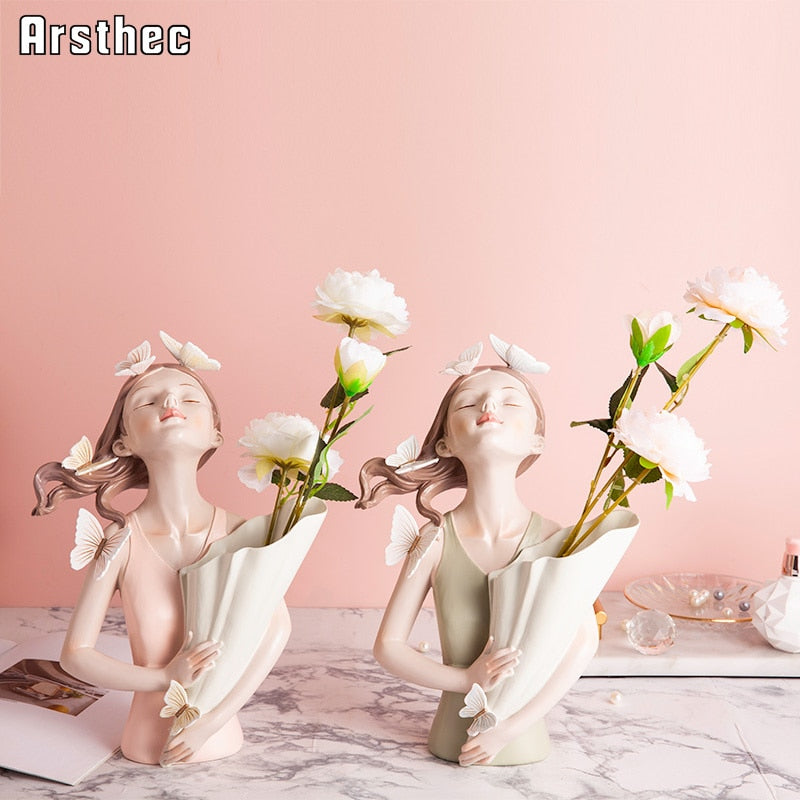 Arsthec Fairy Girl Flowers Vase Statues Kawaii Resin Art Sculpture For Interior Home Decor Wedding Valentine&