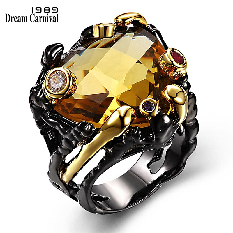DreamCarnival 1989 Vintage Black Gold Rings for Women Big Light Brown Color CZ Zirconia Wedding Party Fashion Jewelry ZR14173