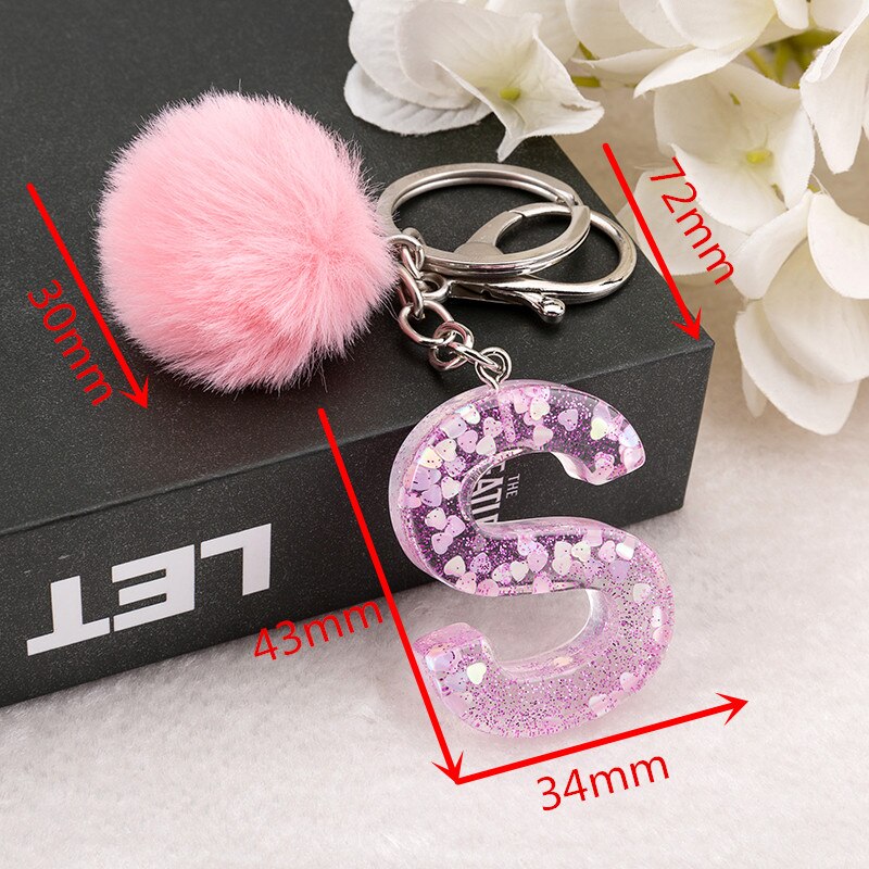 1PC Keyring Pink Color English Letter Keychain with Puffer Ball  26 English word Glitter Resin A TO Q Handbag Charms for Woman