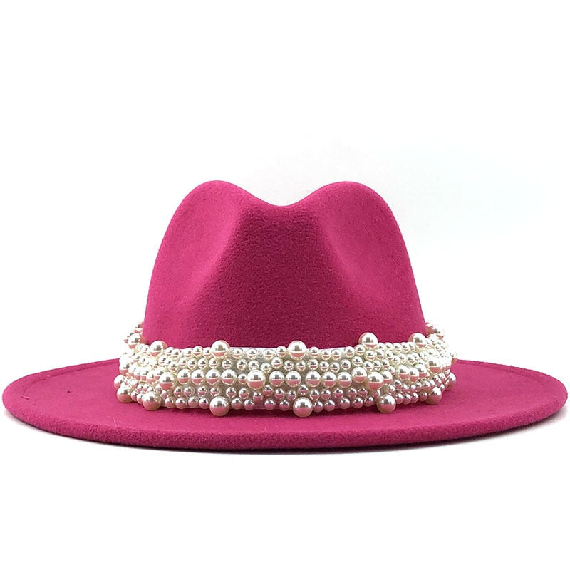 Sombreros de fieltro de lana Jazz para hombre y mujer, sombrero de fieltro con cinta de perlas de cuero, blanco, rosa, amarillo, sombrero de fiesta Formal Trilby de Panamá, 58-61CM