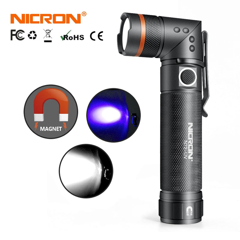 NICRON White / UV Light LED Flashlight N72 / N72-UV 90 Degree Twist Waterproof 800LM 18650 / AAA Battery Magnet LED Torch Light