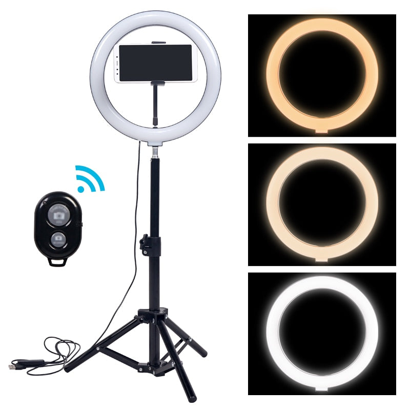 10&quot; Selfie Ring Light With Tripod Professional Photography Circle Ring Lamp Phone Holder Dimmable Ringlight For Youtube Makeup