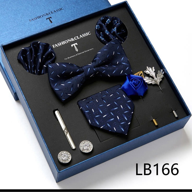 Envío Gratis, conjunto de corbata para hombre, caja de regalo de lujo, conjunto de corbata de seda, 8 Uds., embalaje interior, regalo festivo, pañuelos de bolsillo