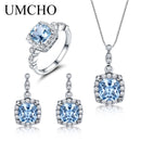 UMCHO, conjunto de joyería de plata de ley 925, anillo de topacio azul cielo, colgante, pendientes de tuerca para mujer, boda, regalo de San Valentín, joyería fina