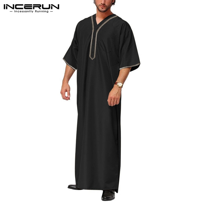 Men Vintage Half Sleeve Muslim Kaftan Robes Leisure V Neck Printed Jubba Thobe Casual Solid Patchwork Arabic Clothes 5XL INCERUN