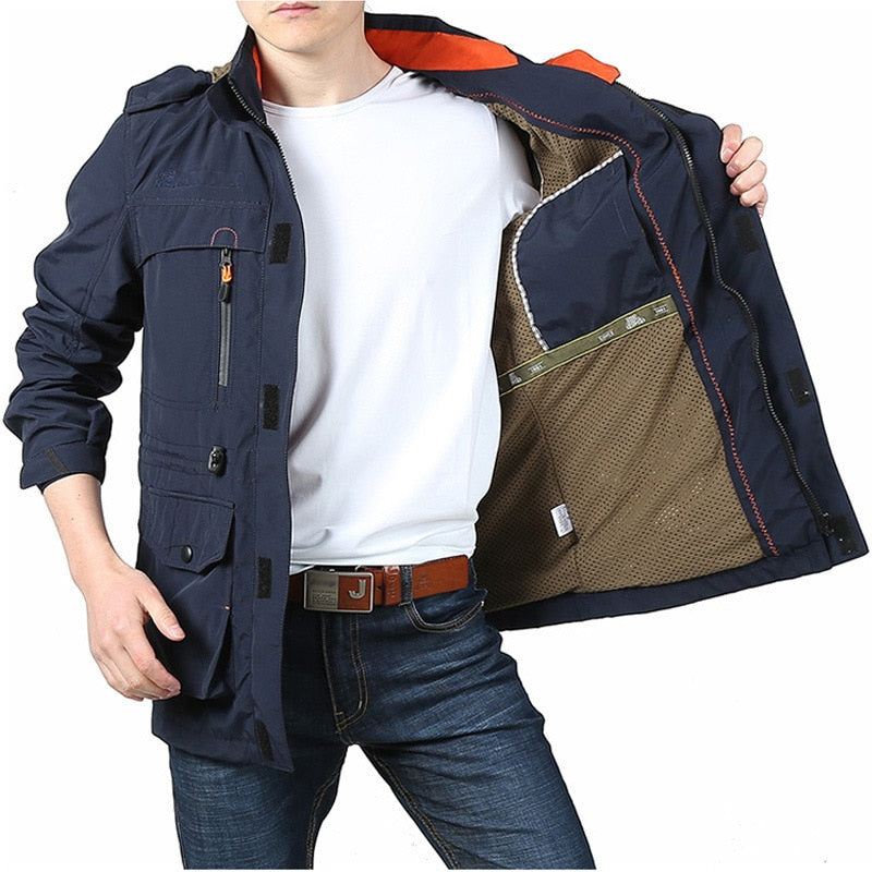 Primavera Hombres Chaquetas tácticas militares Multi-bolsillos Impermeable Casual Cazadora para hombre Abrigo al aire libre con capucha