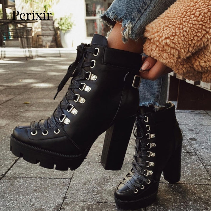 Perixir, botines de plataforma a la moda para mujer, primavera otoño 2020, cuero negro, botas de tacón grueso de 12cm, botas para mujer trabajadora