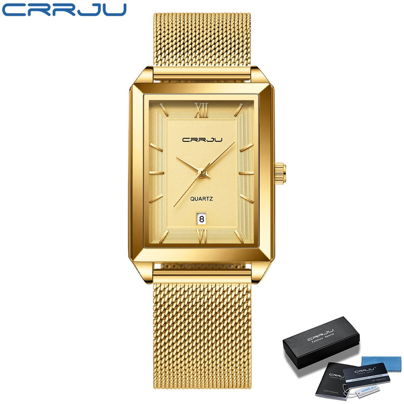 CRRJU Uhr Herren Top-Marke Luxus Square Golden Quarz Edelstahl Wasserdicht Armbanduhr Relogio Masculino