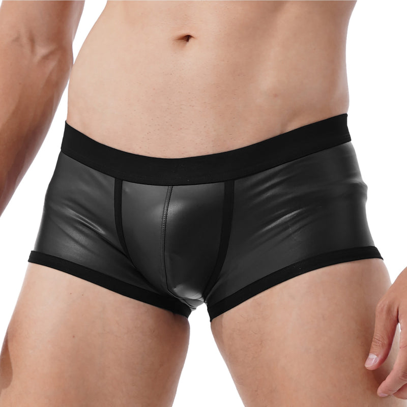 Mens Low Waist Faux Leather Boxer Shorts Sports Swimming Trunks Swimwear Board Shorts Bulge Pouch Elastic Waistband Underpants
