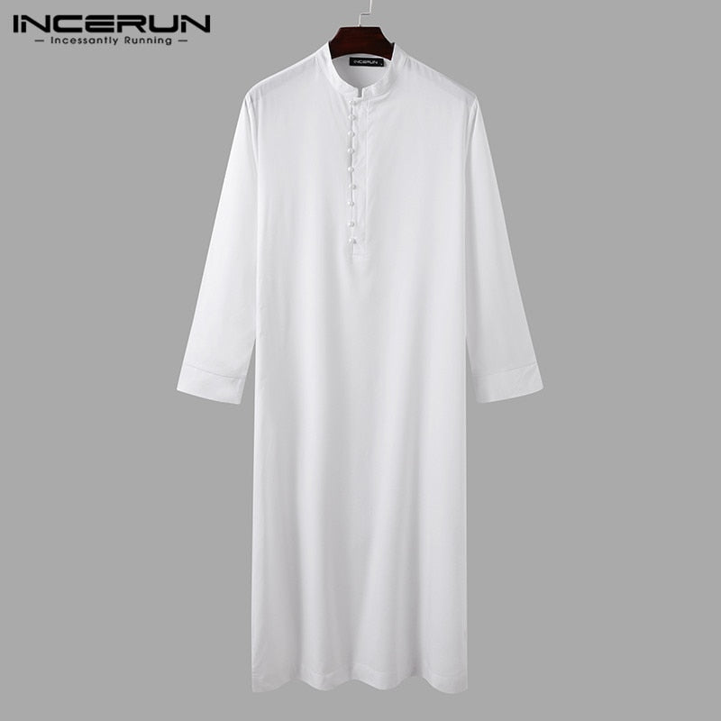 Muslim Men Jubba Thobe Long Sleeve Solid Color Breathable Robes 2022 Stand Collar Islamic Arabic Kaftan Men Abaya S-5XL INCERUN