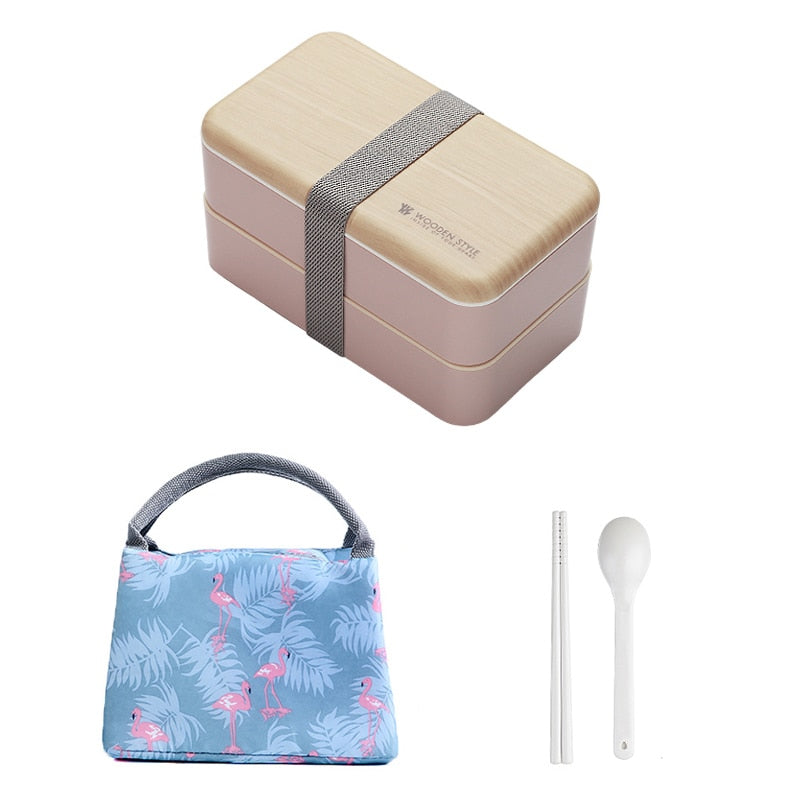 Mikrowellen-Doppelschicht-Lunchbox im Holzstil, Bento-Box, tragbare Behälterbox, BPA-frei