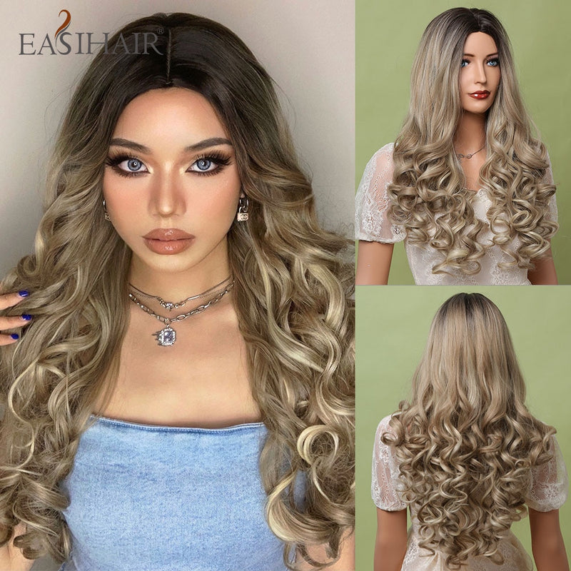 EASIHAIR Long Body Wave Light Brown Wigs with Blonde Highlights Middle Part Cosplay Heat Resistant Synthetic Hair Wigs for Women