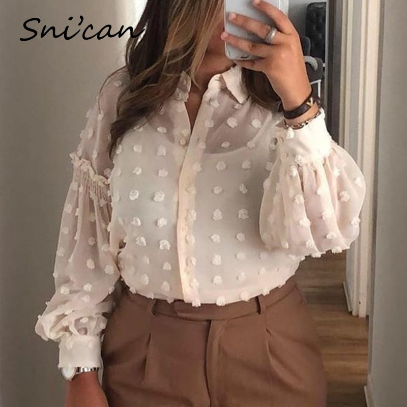 Camisa za de verano para mujer, camisa de punto de puntos blancos, blusa básica de manga larga para oficina para mujer, camisa para mujer, tops chandails za 2020