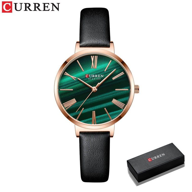 Relojes de lujo de moda CURREN para mujer, reloj de pulsera de cuarzo verde malaquita con reloj de cuero para mujer