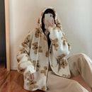 Cartoon Bear Lamb Wool Zip Up Hoodie Women's Sweatshirts Casual Oversized Brown Winter Clothes Women Jackets Cute Korean Coats