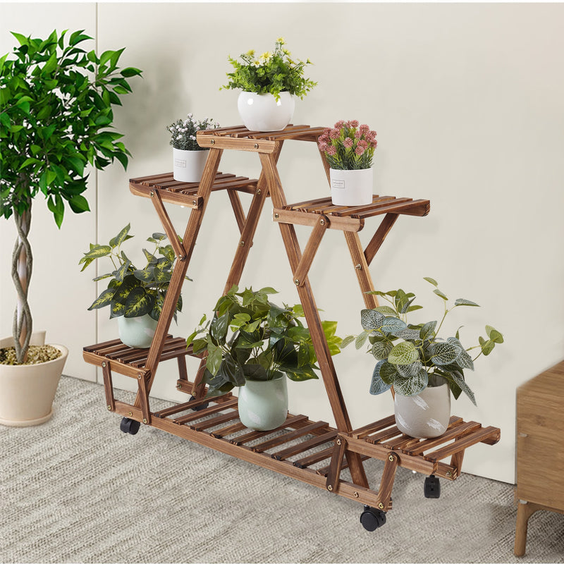 Dreieckiges Pflanzenregal 6 Topfpflanzenhalter aus karbonisiertem Holz Blumentopfständer Display-Lagerregal mit Rädern für den Garten