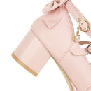 Zapatos japoneses de Lolita Mary Janes, zapatos de princesa rosa con correa en el tobillo, pajarita, volantes de fresa, zapatos de tacón para uniforme de Cosplay de boda de talla grande 48