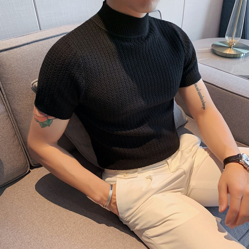 Autumn New Short Sleeve Knitted Sweater Men Tops Clothing 2023 All Match Slim Fit Stretch Turtleneck Casual Pull Homme Pullovers