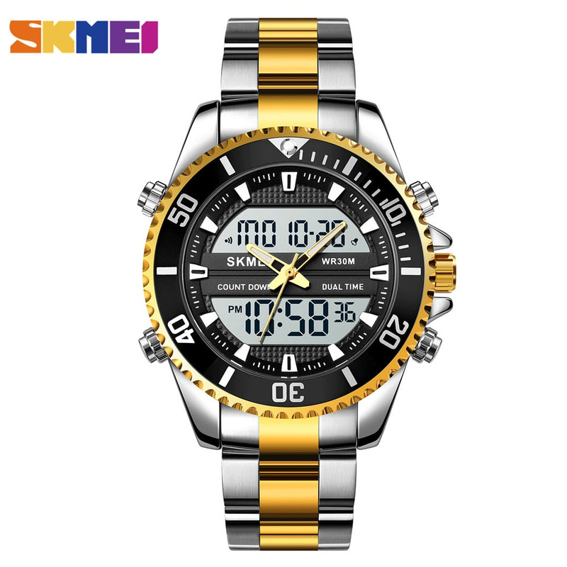 SKMEI Dual Display Watches Mens Fashion Digital Wristwatches Chrono Alarm Men Clock Waterproof Stainless Steel Relogio Masculino