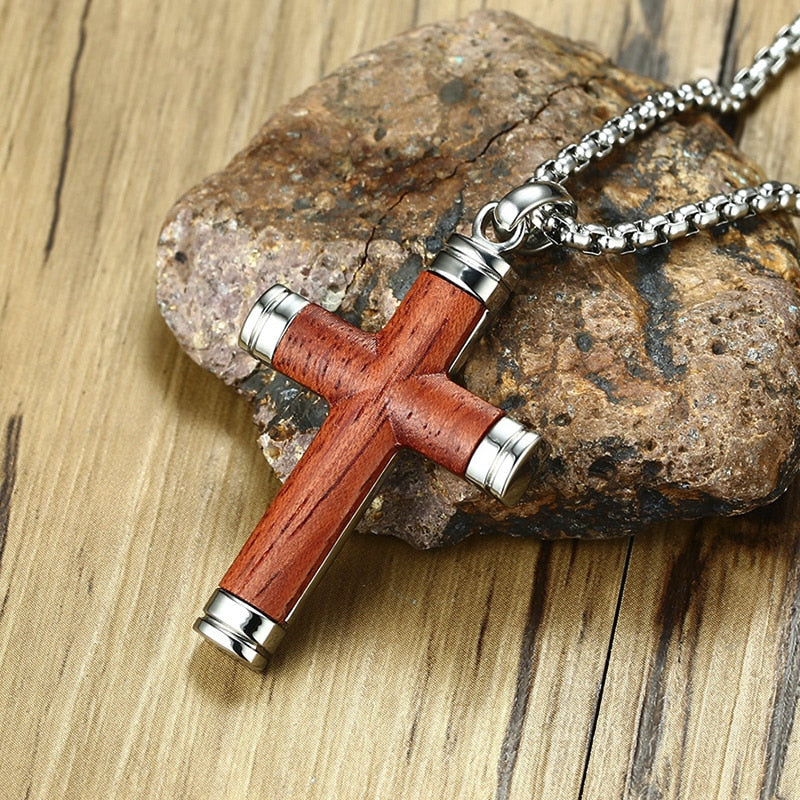 Vnox Vintage Rosewood Men Pendant Necklace Real Wood Wooden Stainless Steel Cross Office Jewelry drop shipping