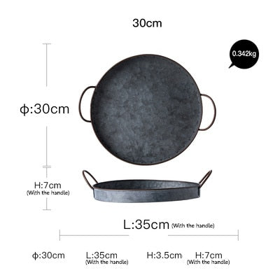 European Retro Round Iron Plate With Handles Metal Vintage Bread Tray Home Decoration Garden Restaurant Table Photographing