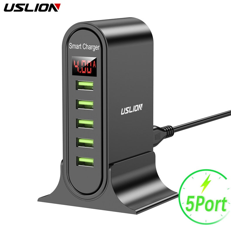 USLION USB Charger 5 Port LED Display Multi USB Phone Desktop EU US UK Plug With Digital Display Travel Wall Charger Adapter