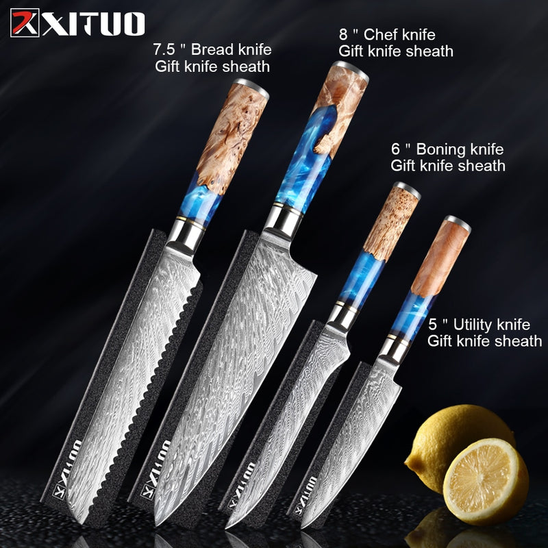 XITUO Kitchen Knives-Set Damascus Steel Chef Knife Cleaver Paring Utility Bread Knife Cooking Tool Blue Resin Handle 1-6Pcs/Set