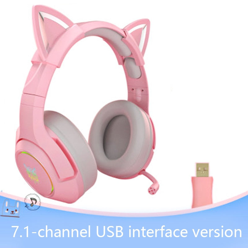 Auriculares estéreo RGB Gaming 7,1, auriculares rosas, Oreja de Gato extraíble, cable USB con micrófono, reducción de ruido para PS4/Xbox one, linda chica