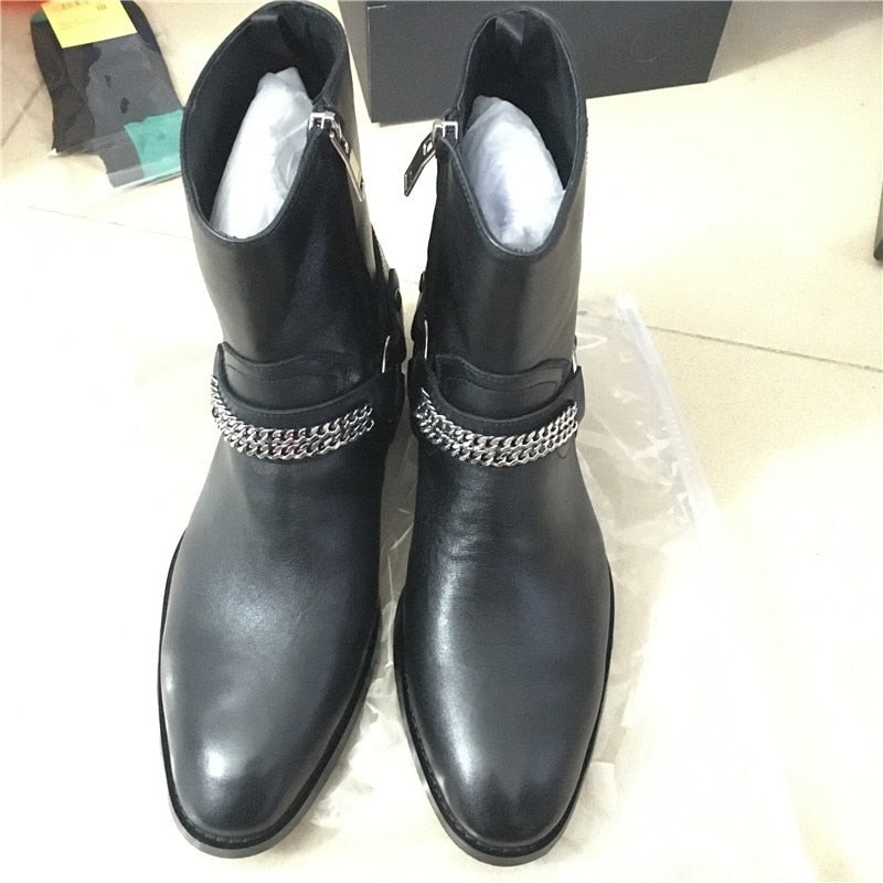 Black &amp; Street High Top hecho a mano Wyatt Harry hebilla anillo correa hombres Chelsea botas cuña cuero Denim banquete arnés botas