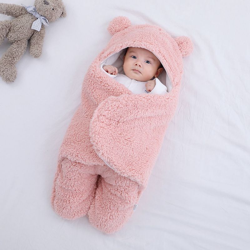 Infant Bat-Style Wrapped Velcro Sleep Sack Baby Winter Fleece Sleeping Bag Newborn Swaddle Blanket Bear Modeling Pajamas 1-3M