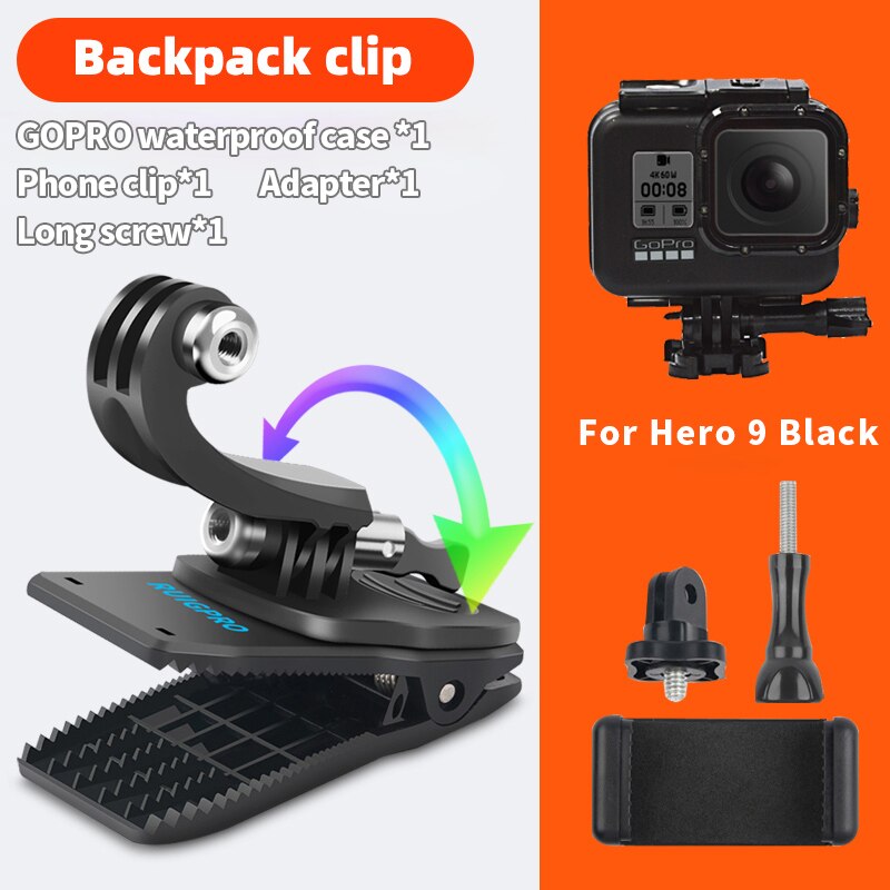 for Go Pro Accessories 360-Degree Rotation backpack bag Clip clamp For GoPro Hero11 10 9 8 7 6 5Xiaomi yi for SJCAM SJ4000 Phone