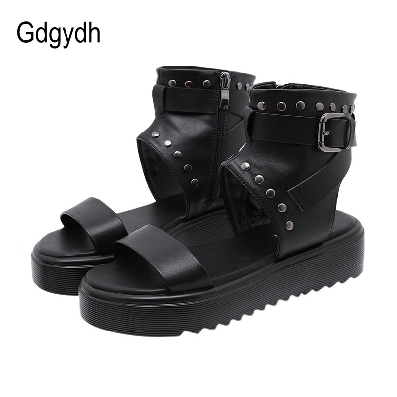 Gdgydh 2022 Thick Platfom Women Sandals Open Toe Flat Heels Female Shoes Summer Korean Style Rivets Buckle Sandals Ankle Strap