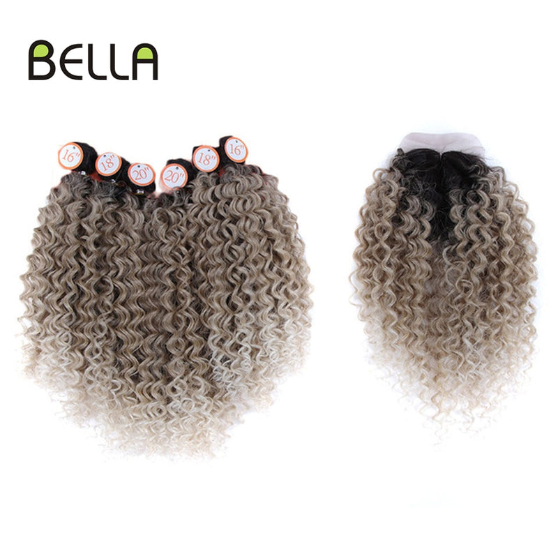 Bella Afro Kinky Curly Synthetic Hair 6 Bundles With 1Closure 7pcs/Lot Ombre Color 16-20 inch Kinky Curly Bundles Hair Extension