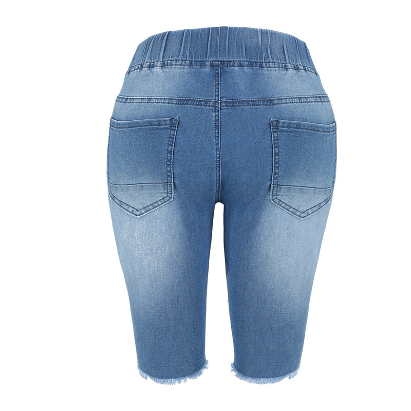 Sommer Denim Zerrissene Bermuda Shorts Damen Blau Kordelzug Distressed Knielange Stretch Kurze Jeans