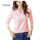 FEKEHA White T-shirt Women Spring Autumn Cotton Female Long Sleeve T Shirts V-Neck Ladies Tops Casual Tees