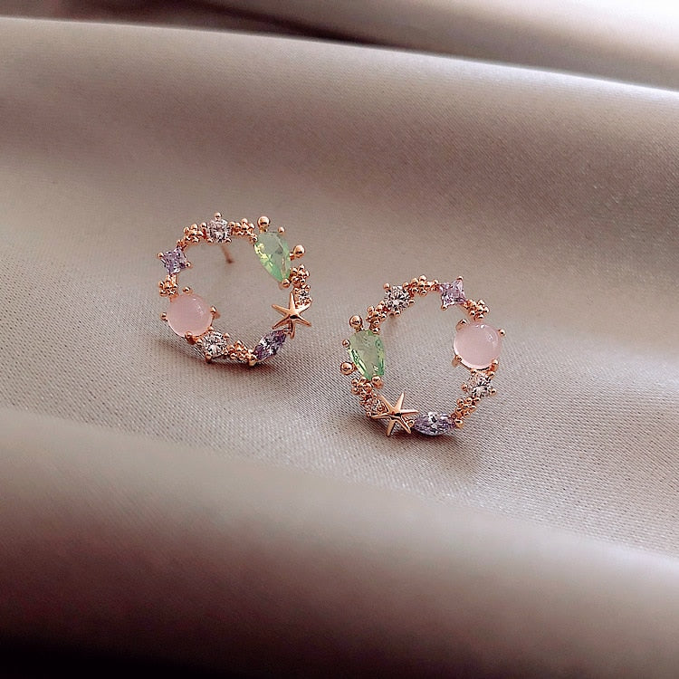 2020 New Arrival Classic Round Pink Green Crystal Stud Earrings for women Sweet Flower Cirlce Jewelry Fashion Brincos Gift