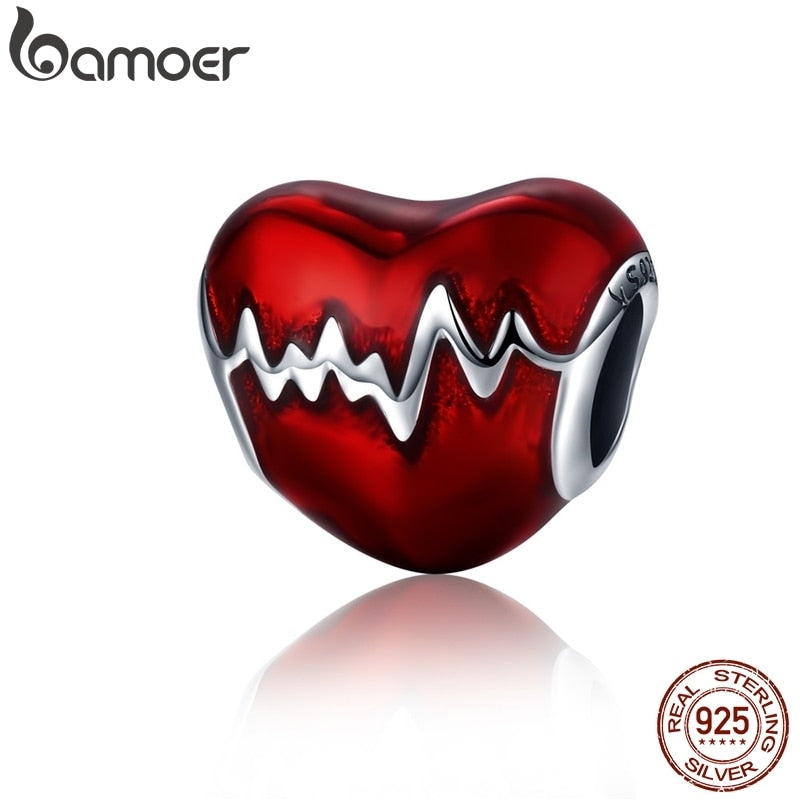 BAMOER New Arrival 100% 925 Sterling Silver Love Heart ECG &amp; Red Enamel Beads fit Charm Bracelets for Women Jewelry Gift SCC249