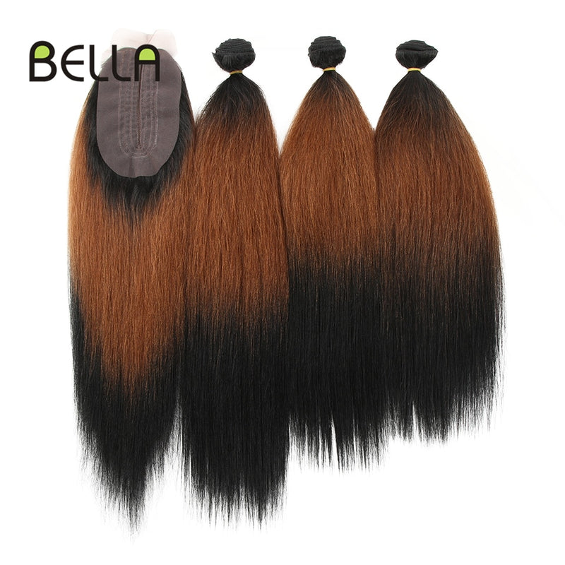 Yaki Straight Hair Bundles Ombre Bundles Synthetic Hair 4Pcs/Pack 18-22inch 245g Bundles With Closure BELLA Weave Hair Extension