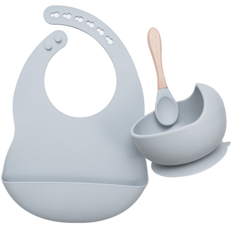 BPA Free Baby Silicone Tableware Waterproof Bib Flexible Saliva Towel Solid Color Sucker Bowl And Spoon For Children