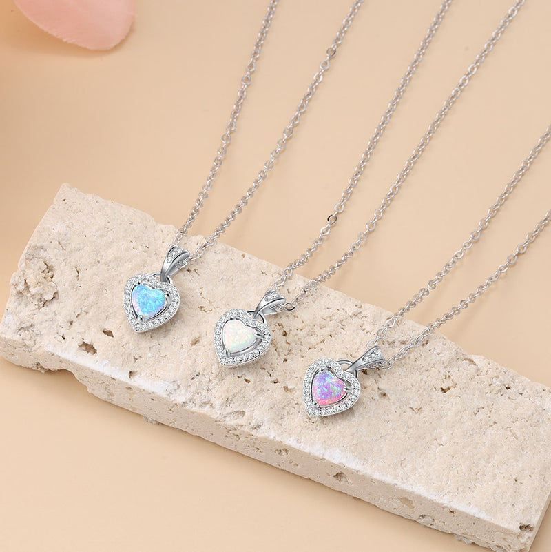 Silver Color Necklaces Heart Shape White Pink Blue Opal Necklaces &amp; Pendants with Cubic Zirconia Fashion Jewelry Gift  for Women