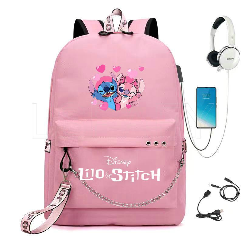 Disney Kawaii Stitch Bag Zipper USB Charging Mochila Capacity Backpack Women Kpop School Bags for Teenage Girls Students