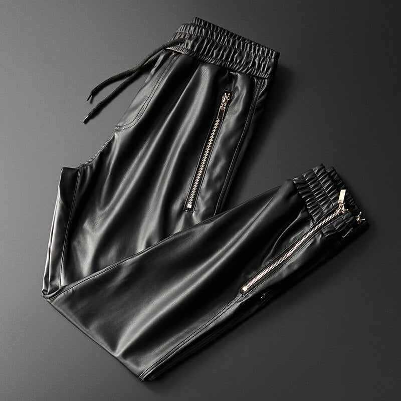 Thoshine Brand Men Leather Pants Superior Quality Elastic Waist Jogger Pants Zipper Pockets Faux Leather Trousers Pencil Pants