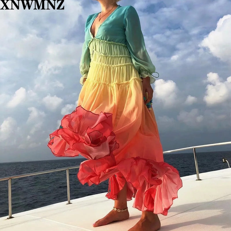 2020 Summer Bohemia Beach Dress Women Casual Gradient Color Loose Dresses Long Sleeve V-Neck Single-Row Button Ruffled Dress