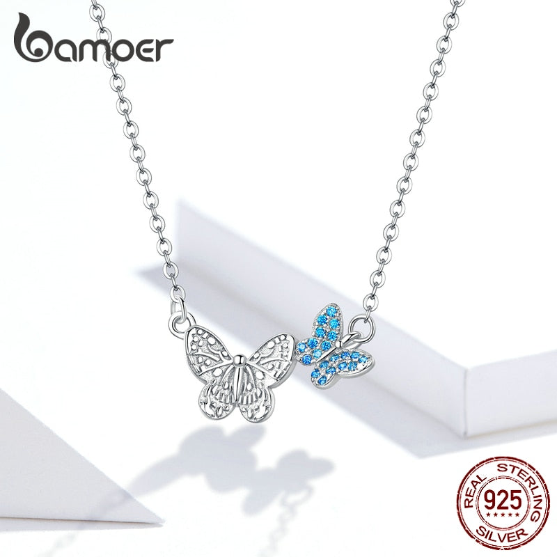 Bamoer 925 Sterling Silber Blauer Zirkon Fliegender Schmetterling Halskette Frauen Geburtstagsgeschenk Koreanischen Stil Modeschmuck Geschenk SCN384